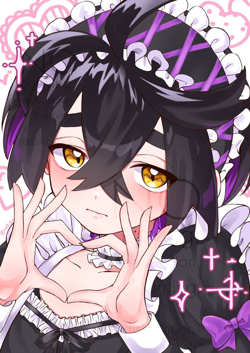 1boy alternate_costume black_dress black_hair closed_mouth collarbone commentary crossdressing crossdressing_(mtf) crossed_bangs dress enmaided frills hair_between_eyes hands_up heart heart_hands highres kieran_(pokemon) long_sleeves looking_at_viewer maid male_focus na8_8n neck_garter nintendo pokemon pokemon_sv solo symbol-only_commentary upper_body white_background yellow_eyes