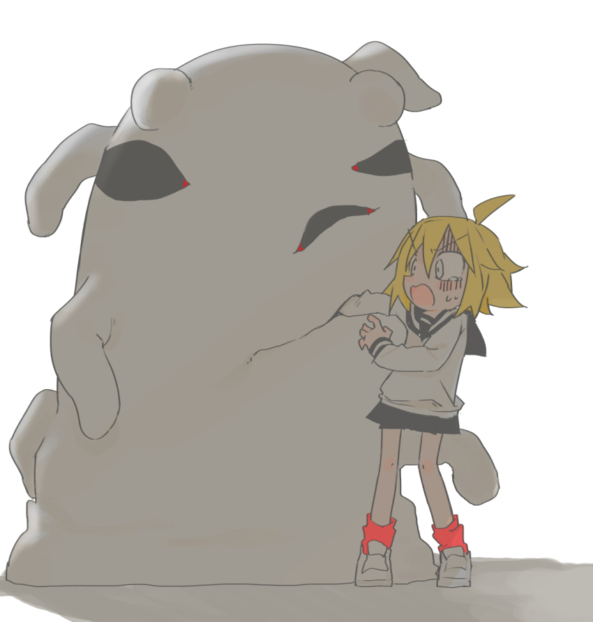 1girl ahoge black_sailor_collar black_skirt blonde_hair full_body highres kokaki_mumose long_sleeves looking_at_monster miniskirt monster null-meta open_mouth pleated_skirt red_socks sailor_collar scared school_uniform serafuku shadow shirt shoes short_hair simple_background skirt sneakers socks solo standing tearing_up tentacles turn_pale uozumi_kurumi v-shaped_eyebrows vore white_background white_eyes white_shirt white_shoes