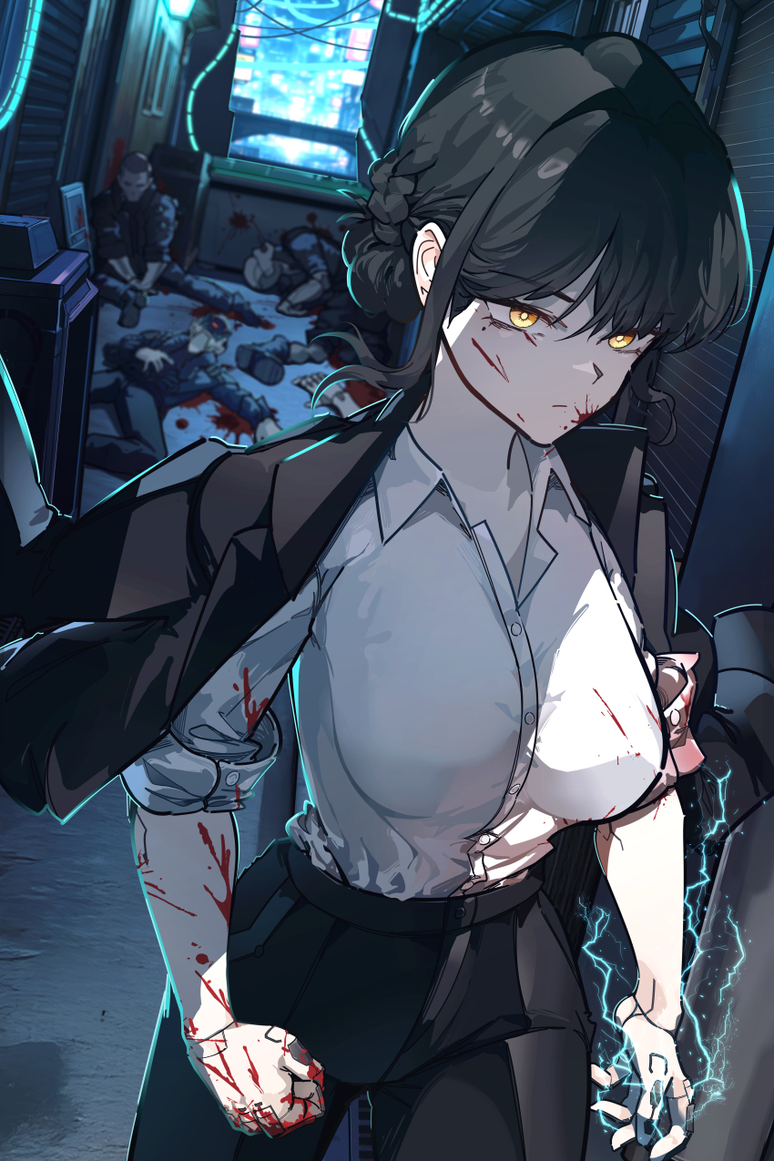 1girl absurdres black_hair black_jacket black_pants blood blood_on_clothes blood_on_face blood_on_hands breasts bright_pupils closed_mouth collared_shirt corpse death highres jacket jacket_on_shoulders large_breasts original pants ryeon_(naturesan) shirt shirt_tucked_in standing white_pupils white_shirt yellow_eyes