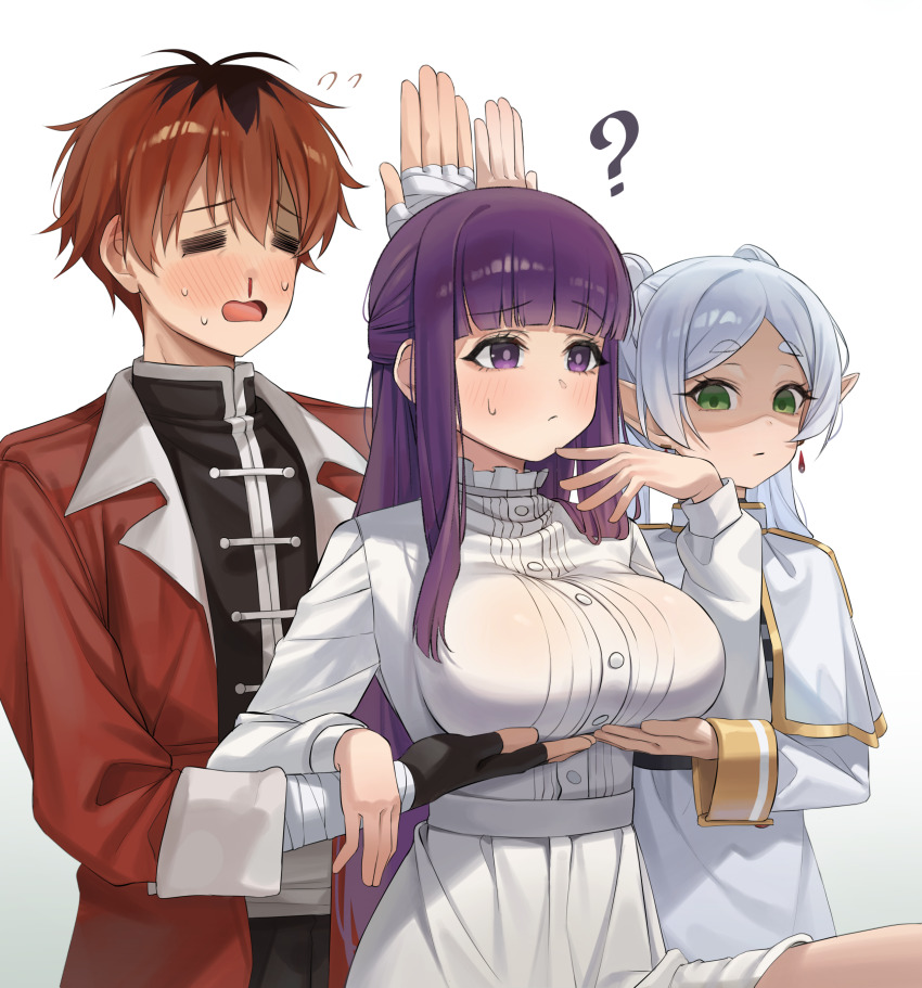 1boy 2girls =_= ? absurdres bandaged_arm bandages blood blunt_bangs blush breast_conscious breast_envy breast_lift breasts commentary dress elf empty_eyes fern_(sousou_no_frieren) flying_sweatdrops frieren girl_staring_at_guy&#039;s_chest_(meme) grey_hair half_updo hetero highres large_breasts looking_ahead looking_at_another looking_at_breasts male_focus meme multicolored_hair multiple_girls nervous_sweating nosebleed parody pointy_ears purple_hair roots_(hair) servants_holding_aphrodite&#039;s_breasts_(meme) shaded_face sousou_no_frieren stark_(sousou_no_frieren) sweat symbol-only_commentary twintails um_111 white_dress