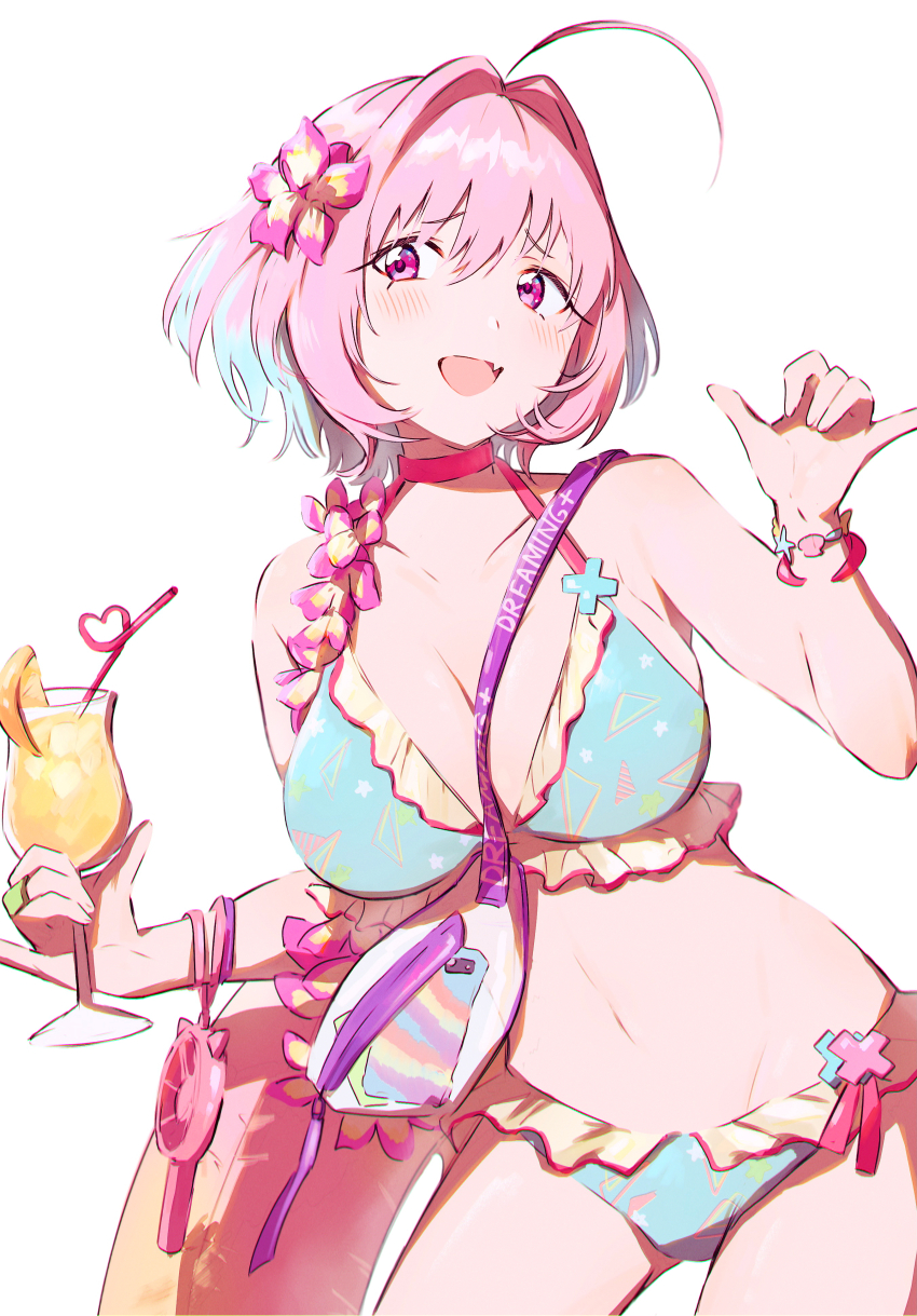 1girl absurdres ahoge bangle bare_shoulders between_breasts bikini blue_bikini bracelet breasts choker clothes_writing collarbone crazy_straw cup drinking_straw english_text fang fanny_pack flower food frilled_bikini frills fruit groin hair_between_eyes hair_flower hair_intakes hair_ornament hamachamu heart_straw highres holding holding_cup idolmaster idolmaster_cinderella_girls jewelry large_breasts leaning_to_the_side looking_at_viewer multicolored_hair navel official_alternate_costume open_mouth orange_(fruit) orange_slice pink_choker pink_eyes pink_flower pink_hair raised_eyebrows ring skin_fang solo swimsuit thighs two-tone_hair yumemi_riamu