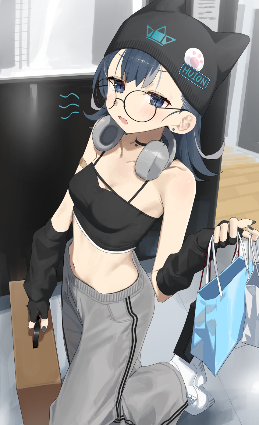 1girl absurdres arm_warmers bag beanie black_gloves black_hat blue_bag blue_eyes blue_hair breasts cleavage commentary_request crop_top fingerless_gloves gloves grey_pants hat headphones headphones_around_neck highres holding holding_bag looking_at_viewer medium_breasts medium_hair original pants round_eyewear shoes standing syhan white_shoes