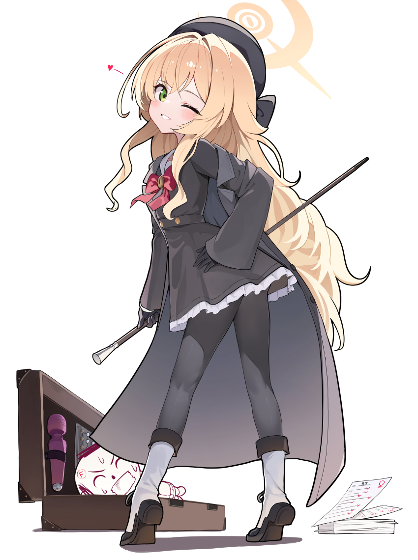 1boy 1girl absurdres beret black_coat black_gloves black_hat black_pantyhose black_shirt black_skirt blonde_hair blue_archive boots bow bowtie cane coat commentary_request doodle_sensei_(blue_archive) fluffy_hair frilled_skirt frills full_body gag gagged gloves green_eyes gro_(lee145879) halo hand_on_own_hip hat highres holding holding_cane improvised_gag long_hair long_sleeves looking_at_viewer miniskirt off_shoulder one_eye_closed open_clothes open_coat pantyhose professor_niyaniya_(blue_archive) red_bow red_bowtie restrained sensei_(blue_archive) sex_toy shirt simple_background skirt smile solo_focus standing suitcase tape tape_gag tiptoes vibrator white_background white_boots yellow_halo