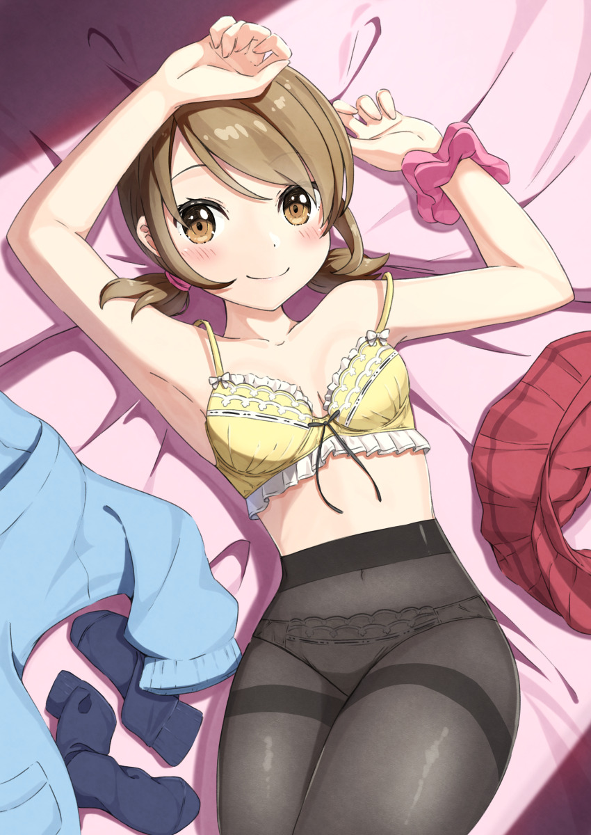 absurdres black_pantyhose bra breasts brown_eyes brown_hair commission frilled_bra frills highres lass_(pokemon) light_blush looking_at_viewer low_twintails lying medium_breasts navel negimiso1989 nintendo on_back panties panties_under_pantyhose pantyhose pixiv_commission pokemon pokemon_oras short_twintails skirt smile socks stomach sweater twintails underwear underwear_only unworn_skirt unworn_socks unworn_sweater variant_set yellow_bra yellow_panties