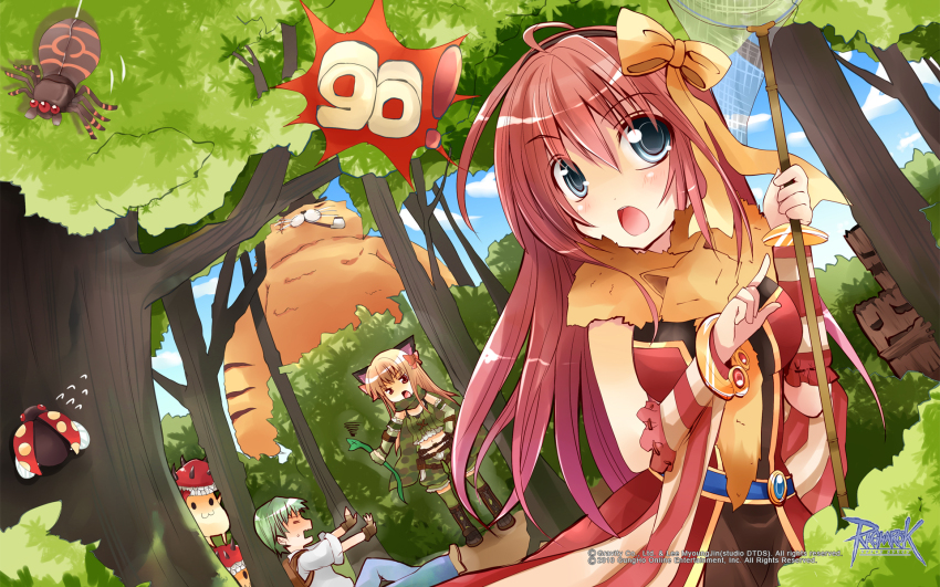 1boy 2girls :3 =_= animal animal_around_neck animal_ears argos_(ragnarok_online) belt belt_pouch black_dress blacksmith_(ragnarok_online) blue_belt blue_eyes blue_pants blush boa_(ragnarok_online) boots bow breasts brown_footwear brown_gloves bug bush butterfly_net camouflage camouflage_scarf camouflage_shorts cat_ears copyright_notice cowboy_shot detached_sleeves dress dutch_angle eddga fingerless_gloves flying_sweatdrops forest fox full_body gloves green_gloves green_scarf green_shorts green_thighhighs green_tube_top guest_art hair_bow hand_net highres insect ladybug logo long_hair looking_at_another medium_breasts multiple_girls nature official_art official_wallpaper open_mouth pants peeking_out pink_hair pouch professor_(ragnarok_online) ragnarok_online ranger_(ragnarok_online) red_dress red_sleeves scarf shindo_hachigo shirt short_hair shorts sitting sleeveless sleeveless_dress sleeves_rolled_up smoking_pipe snake spider spore_(ragnarok_online) squiggle stainer standing strapless striped_sleeves thighhighs tiger tree tube_top two-tone_dress white_shirt willow_(ragnarok_online) yellow_bow