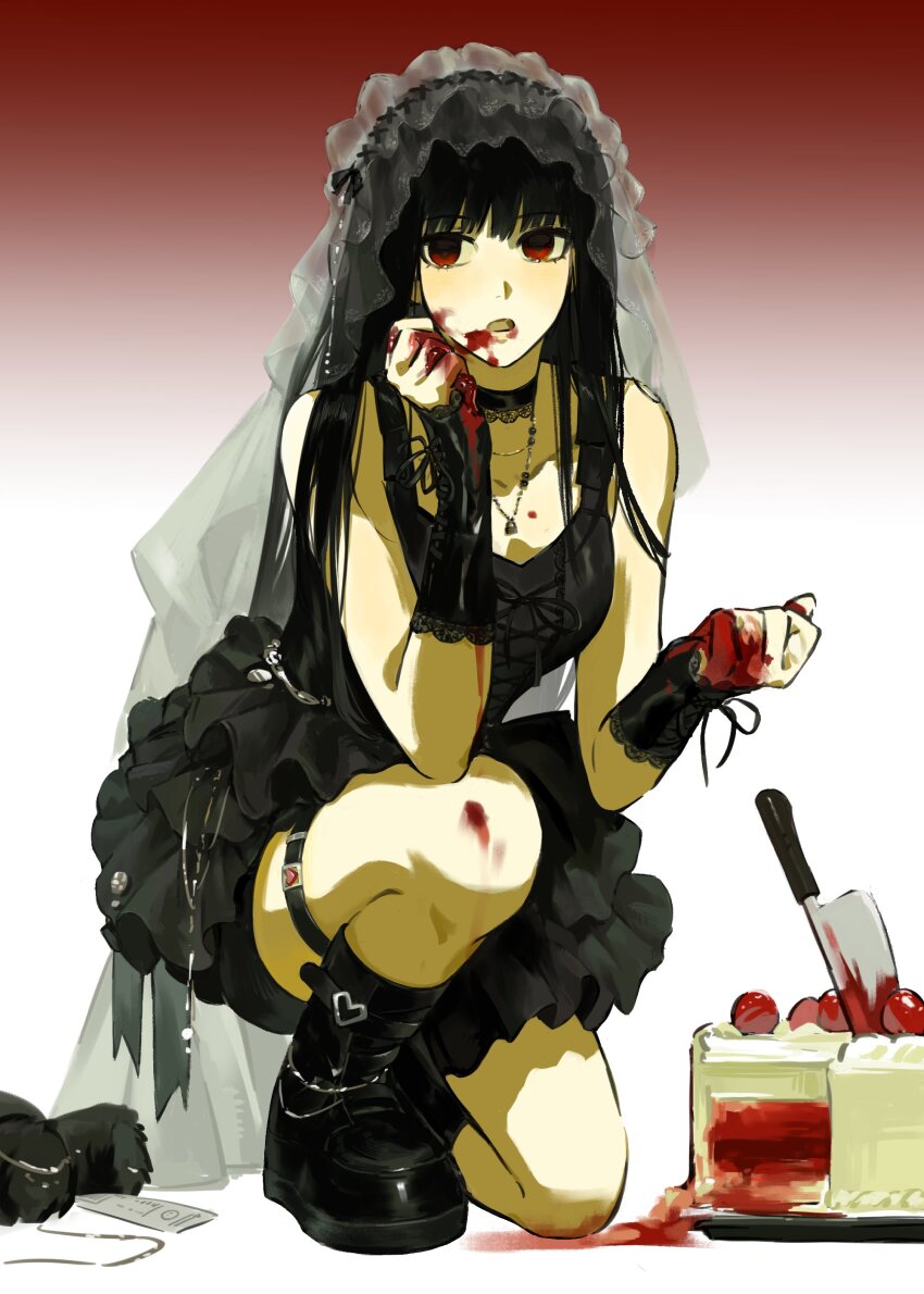 1girl 5a1_uei absurdres ambiguous_red_liquid black_boots black_choker black_dress black_hair boots cake choker dress food frilled_dress frills gradient_background highres kitchen_knife long_hair on_one_knee open_mouth osaragi_(sakamoto_days) red_background red_eyes sakamoto_days see-through_clothes see-through_veil sleeveless sleeveless_dress solo veil white_background