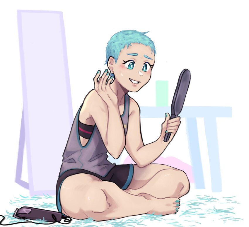 1girl alternate_hair_length alternate_hairstyle aqua_eyes aqua_hair black_shorts blush buzz_cut commentary commission crossed_legs danciingcosmos english_commentary eyelashes grey_shirt hair_clipper hand_mirror hatsune_miku highres holding holding_mirror looking_at_mirror mirror nail_polish second-party_source shaved_head shirt short_hair shorts simple_background solo sweatdrop table very_short_hair vocaloid white_background