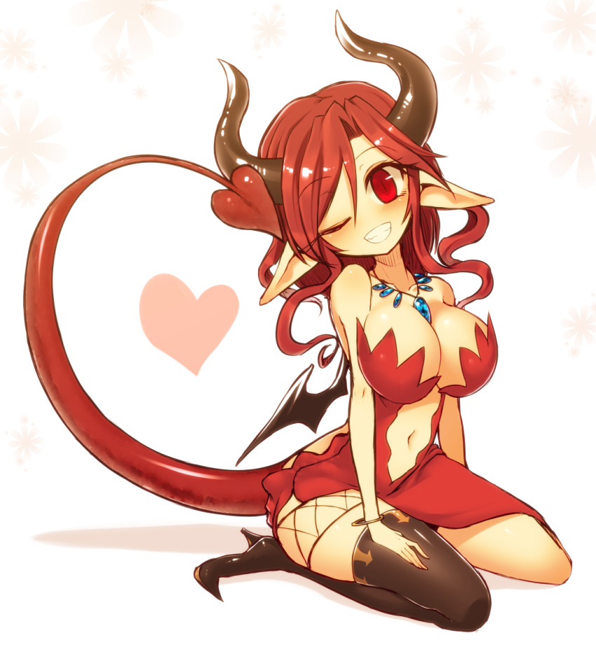 1girl black_footwear blush borrowed_character breasts cleavage collarbone demon_girl demon_horns demon_tail dress female_focus full_body grin head_tilt heart helvetica_rami high_heels highres horns jewelry kuresento large_breasts looking_at_viewer navel necklace off_shoulder one_eye_closed original pointy_ears red_dress red_eyes red_hair seiza simple_background single_thighhigh sitting smile solo spade_(shape) strapless swept_bangs tail thighhighs wavy_hair wide_hips wings