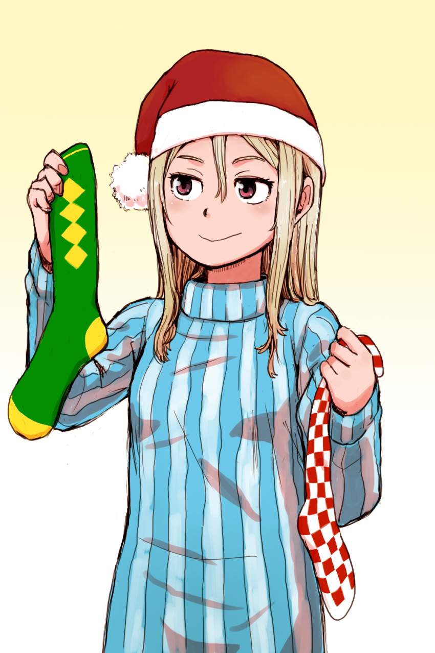 1girl blonde_hair blue_shirt commentary_request gradient_background hand_up hat highres holding_sock long_sleeves naotan red_eyes santa_hat shirt smile socks striped_clothes striped_shirt unworn_socks vertical-striped_clothes vertical-striped_shirt yellow_background