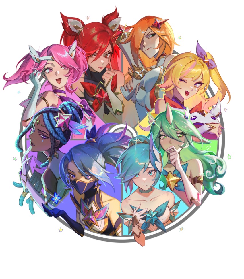 6+girls absurdres akali black_hair blonde_hair blue_eyes blue_hair breasts choker collarbone color_wheel_challenge commentary elbow_gloves english_commentary gloves green_eyes green_hair hair_between_eyes hair_bun hair_over_one_eye highres horns jinx_(league_of_legends) kgynh league_of_legends long_hair lux_(league_of_legends) magical_girl medium_breasts miss_fortune_(league_of_legends) multiple_drawing_challenge multiple_girls one_eye_closed open_mouth orange_hair orianna_(league_of_legends) pink_eyes pink_hair ponytail purple_eyes red_eyes red_hair senna_(league_of_legends) seraphine_(league_of_legends) single_horn soraka_(league_of_legends) star_guardian_(league_of_legends) star_guardian_akali star_guardian_jinx star_guardian_lux star_guardian_miss_fortune star_guardian_orianna star_guardian_senna star_guardian_seraphine star_guardian_soraka teeth tongue tongue_out twintails yellow_eyes