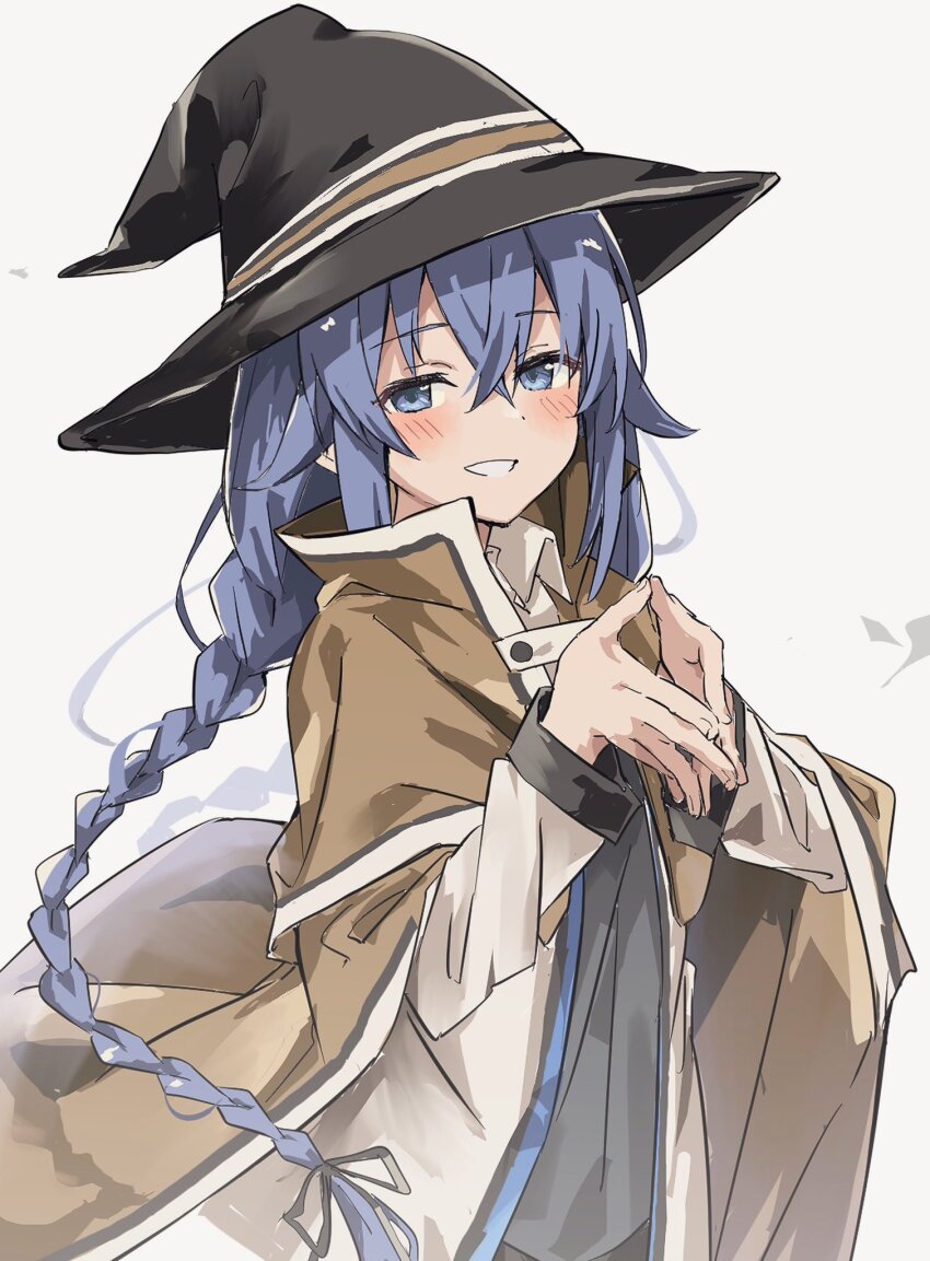1girl as_buppa blue_eyes blue_hair blush braid brown_cape brown_capelet brown_cloak cape capelet cloak hair_between_eyes hat highres long_hair looking_at_viewer mushoku_tensei open_mouth own_hands_together roxy_migurdia smile solo steepled_fingers twin_braids white_background witch_hat