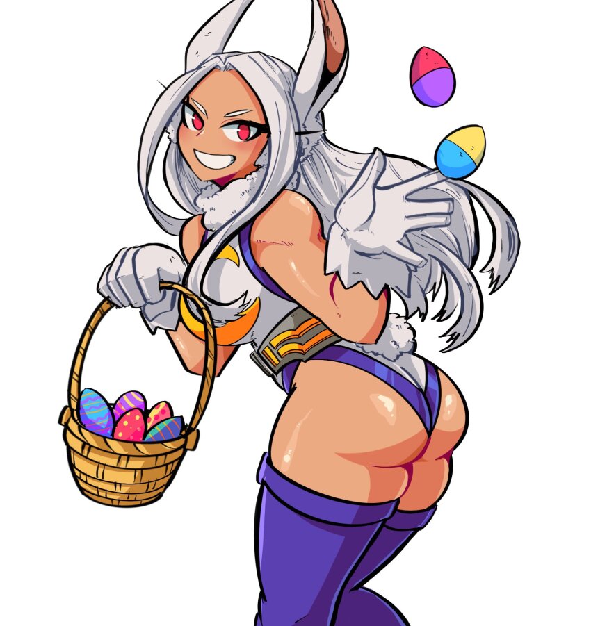 animal_ears ass basket boku_no_hero_academia crescent_print dark-skinned_female dark_skin easter easter_egg egg fur_collar gloves highleg highleg_leotard highres holding holding_basket leotard long_hair looking_at_viewer mirko rabbit_ears rabbit_girl rabbit_tail red_eyes sleeveless_turtleneck_leotard smile sonchapo superhero_costume tail taut_leotard thighhighs toned toned_female white_gloves white_hair