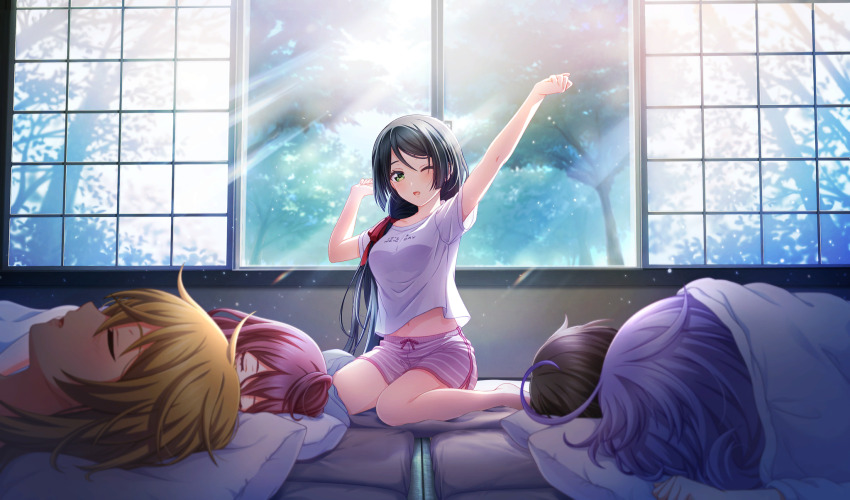 5girls ahoge arm_up asada_aoi black_hair blonde_hair cinderella_series film_grain futon game_cg green_eyes hachigatsu_no_cinderella_nine hair_ribbon highres honjo_chikage indoors iwaki_yoshimi light_particles light_rays long_hair looking_at_viewer morning multiple_girls navel non-web_source official_art one_eye_closed parted_lips purple_hair red_ribbon ribbon shirt short_sleeves shorts sitting sleeping solo_focus striped_clothes striped_shorts sunbeam sunlight tsukahara_shizuku tsukumo_kana wariza white_shirt wings