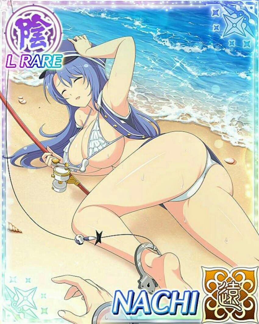 1girl 1other adjusting_clothes adjusting_headwear ass barefoot beach bikini blue_hair breasts card_(medium) cleavage closed_eyes closed_mouth frilled_bikini frills fuzzy_handcuffs game_cg highres holding large_breasts long_hair lying micro_bikini nachi_(senran_kagura) non-web_source ocean official_alternate_costume official_art on_side open_mouth senran_kagura senran_kagura_new_wave smile solo swimsuit wet white_bikini