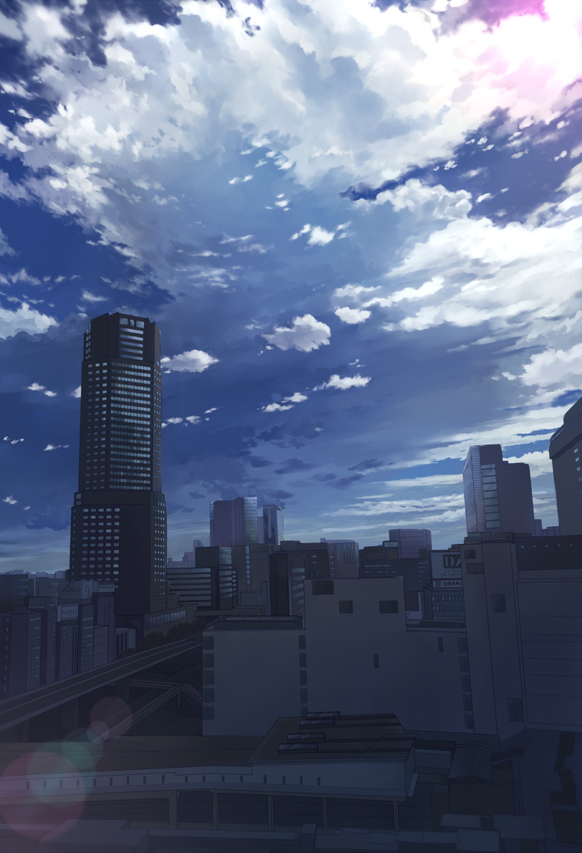 anyotete blue_sky building city cityscape cloud cloudy_sky commentary_request day highres lens_flare no_humans original outdoors scenery sky skyscraper