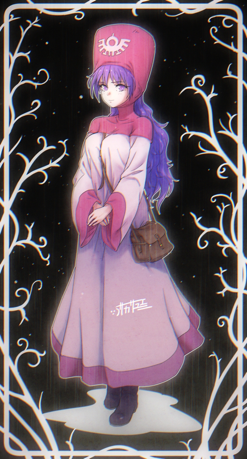 1girl bag black_background boots border breasts brown_bag brown_boots commentary_request dragon_quest dragon_quest_ii full_body highres long_hair looking_at_viewer medium_breasts pink_hood pink_trim princess_of_moonbrook purple_eyes purple_hair robe roto&#039;s_emblem shoulder_bag signature smile solo tamago_tomato white_border white_robe