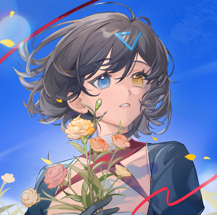 1girl absurdres ariko_(aaaaarik) azur_lane black_gloves black_hair blue_eyes blue_sky bouquet commentary criss-cross_halter day floating_hair flower georgia_(azur_lane) gloves halterneck highres holding holding_bouquet orange_flower outdoors petals pink_flower puffy_sleeves short_hair sky solo standing string string_of_fate symbol-only_commentary upper_body wind yellow_eyes yellow_flower
