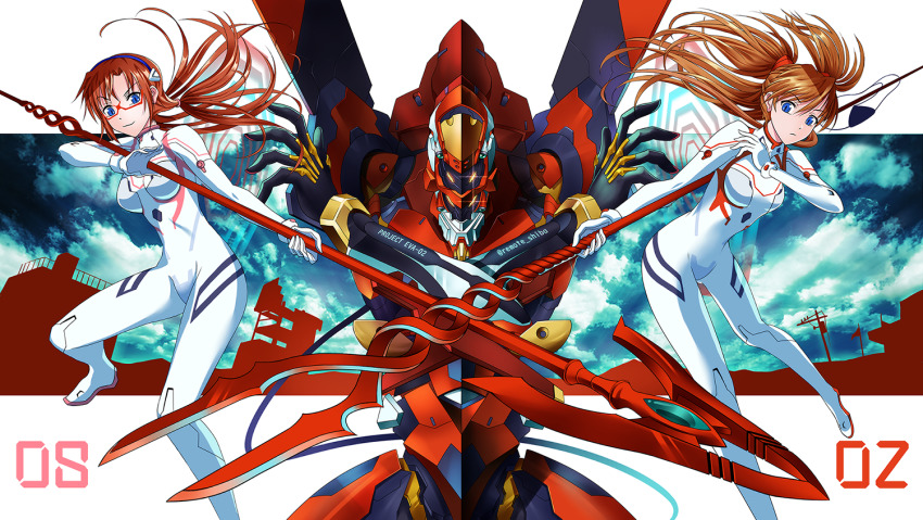2girls :3 at_field bident blue_eyes blue_sky bodysuit brown_hair cloud commentary_request eva_02 evangelion:_3.0+1.0_thrice_upon_a_time eyepatch frown full_body glasses hair_tie hairband holding holding_polearm holding_spear holding_weapon interface_headset_(evangelion) lance_of_cassius lance_of_longinus_(evangelion) long_hair looking_at_viewer low_twintails makinami_mari_illustrious mecha mecha_pilot_suit multiple_girls neon_genesis_evangelion orange_hair plugsuit_(evangelion) polearm rebuild_of_evangelion red-framed_eyewear remote_shiba robot semi-rimless_eyewear sky smile souryuu_asuka_langley spear spear_of_cassius twintails twitter_username two_side_up unworn_eyepatch weapon white_bodysuit