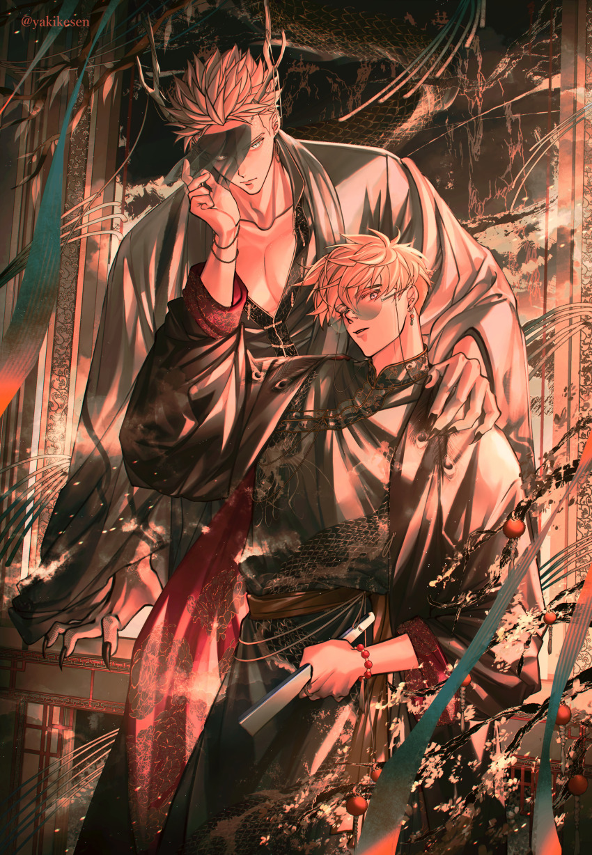 2boys absurdres antlers black_nails blonde_hair brothers chinese_clothes closed_mouth grey_eyes hand_fan hand_on_another&#039;s_shoulder highres holding holding_fan horns looking_at_viewer male_focus millions_knives multiple_boys parted_lips pectorals round_eyewear short_hair siblings sideburns trigun trigun_stampede undercut vash_the_stampede veil yakikesen