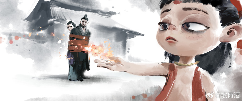 1boy 2boys architecture black_hair black_hanfu bound bound_together brown_eyes chinese_clothes east_asian_architecture facial_mark family father_and_son faux_traditional_media forehead_mark full_body hanfu highres husband_and_wife ink_wash_painting jewelry lady_yin_(nezha_zhi_motong_jiangshi) li_jing_(nezha_zhi_motong_jiangshi) looking_at_another medium_hair mother_and_son multiple_boys neck_ring nezha_(nezha_zhi_motong_jiangshi) nezha_zhi_motong_jiangshi official_art outstretched_arm parted_lips red_vest standing tied_up_(nonsexual) upper_body vest watermark weibo_watermark wenxu_xu white_background