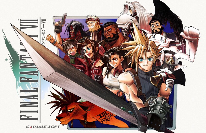 3girls aerith_gainsborough armor barret_wallace black_eyes black_hair black_wings blonde_hair blue_eyes brown_eyes brown_hair buster_sword cait_sith_(final_fantasy) capsule_(capsulecomputrz) cid_highwind closed_eyes crown dark-skinned_male dark_skin earrings english_text facial_hair final_fantasy final_fantasy_vii fingerless_gloves gloves green_eyes gun happy headband highres holding holding_gun holding_sword holding_weapon jewelry long_hair mog multiple_boys multiple_girls open_mouth parody pauldrons red_xiii reeve_tuesti sephiroth short_hair shoulder_armor single_wing sleeveless sleeveless_turtleneck smile spiked_hair style_parody sword tank_top tattoo tifa_lockhart turtleneck tuxedo_cat unlit_cigarette_in_mouth vincent_valentine weapon wings yuffie_kisaragi