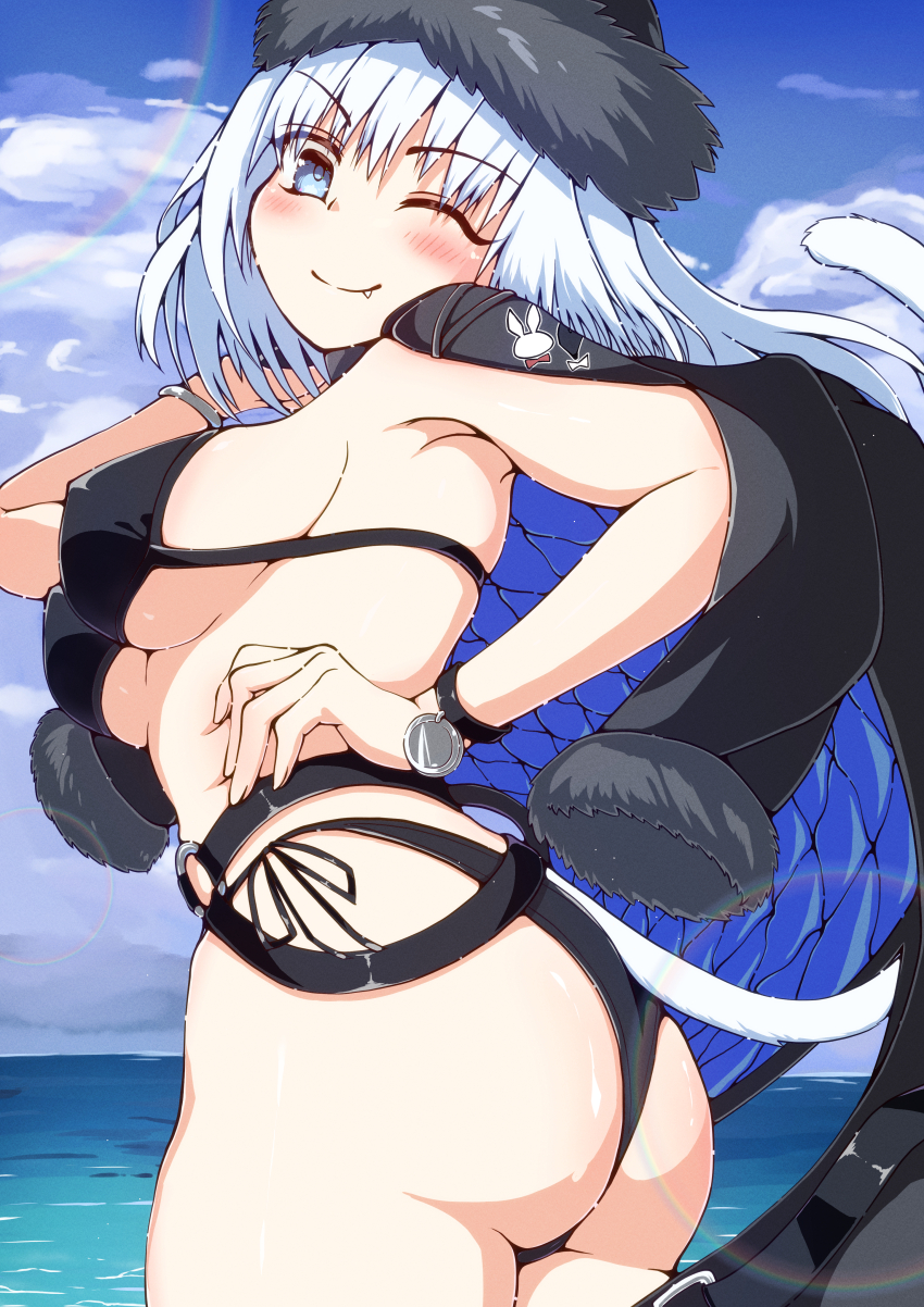 1girl absurdres animal_ears ass bikini black_bikini black_hat black_jacket blue_eyes blue_sky blush bracelet breasts cat_ears cat_girl cat_tail dobrynya_nikitich_(fate) dobrynya_nikitich_(swimsuit_lancer)_(fate) dobrynya_nikitich_(swimsuit_lancer)_(first_ascension)_(fate) fang fate/grand_order fate_(series) fur-trimmed_headwear fur_trim hat highres jacket jacket_on_shoulders jewelry large_breasts long_hair looking_at_viewer ocean one_eye_closed peisuto sky smile solo swimsuit tail thighs white_hair