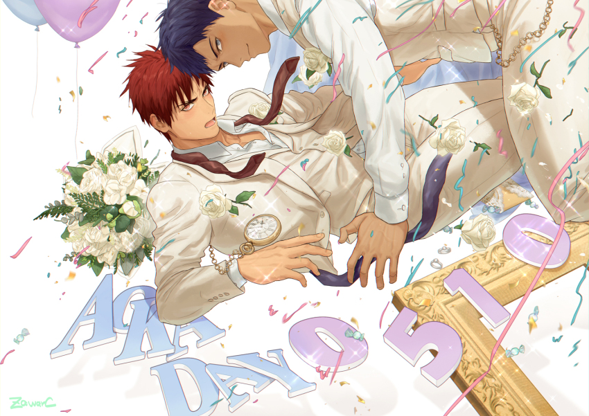 2boys aomine_daiki balloon blue_eyes blue_hair bouquet collared_shirt commentary_request confetti dark-skinned_male dark_skin dated feet_out_of_frame flower forked_eyebrows formal_clothes jacket kagami_taiga kuroko_no_basuke layered_sleeves long_sleeves looking_to_the_side male_focus multiple_boys open_clothes open_collar open_jacket open_mouth pants picture_frame pocket_watch red_eyes red_hair rose shirt short_hair sideways_glance sparkle streamers suit suit_jacket vest watch white_background white_flower white_pants white_rose white_shirt white_suit white_vest zawar379