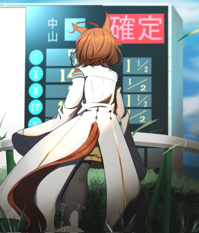 1girl agnes_tachyon_(umamusume) ahoge animal_ears black_pantyhose brown_hair cork earrings feet_out_of_frame from_behind highres horse_ears horse_girl horse_racing_track janome_de_omukae jewelry lab_coat long_sleeves messy_hair pantyhose short_hair single_earring sleeves_past_fingers sleeves_past_wrists solo sweater test_tube umamusume yellow_sweater