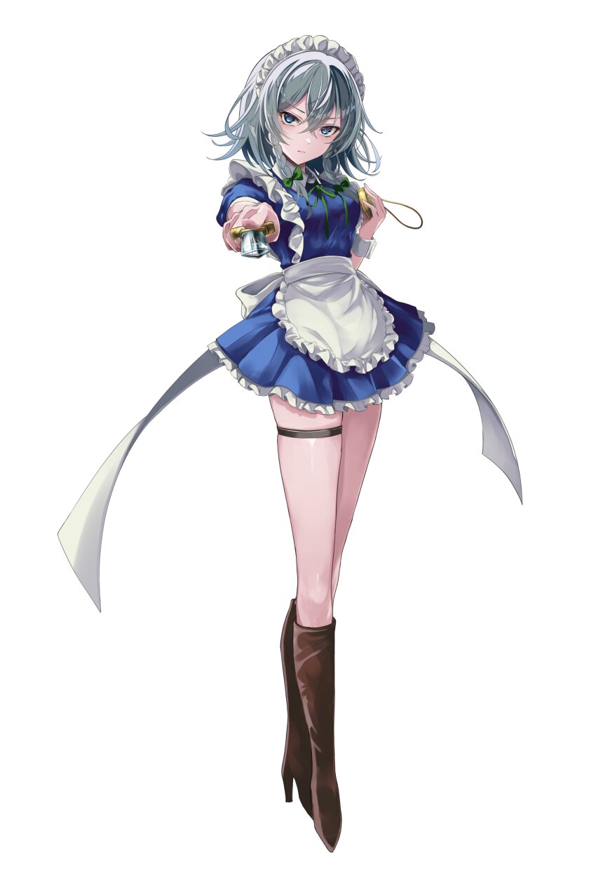1girl absurdres apron back_bow blue_dress blue_eyes boots bow braid breasts brown_boots closed_mouth commentary_request dress full_body green_bow green_ribbon grey_hair hair_between_eyes hair_bow high_heel_boots high_heels highres holding holding_knife holding_pocket_watch izayoi_sakuya kamu_kotan knee_boots knife long_hair looking_at_viewer maid maid_headdress neck_ribbon pocket_watch reirou_no_hydrangea ribbon simple_background solo thigh_strap touhou twin_braids waist_apron watch white_background white_bow wrist_cuffs