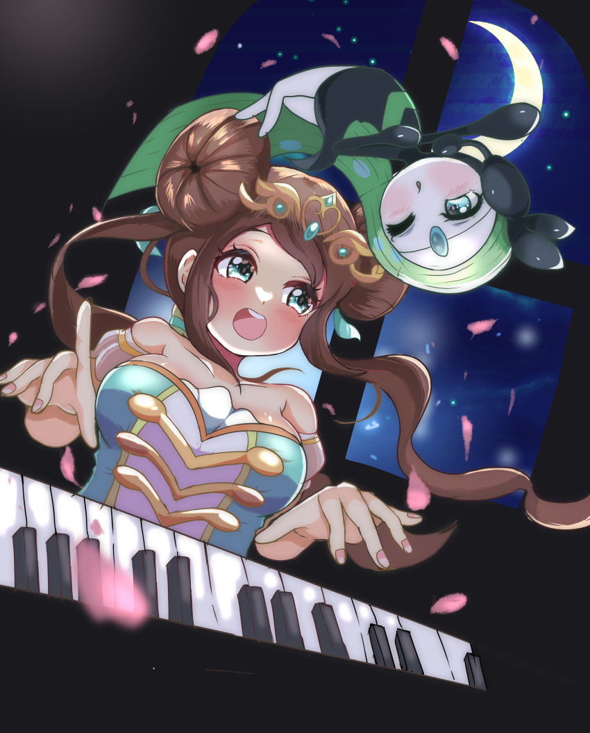 1girl :d absurdres bare_shoulders blue_eyes blush breasts brown_hair carrot_summer collarbone crescent_moon double_bun eyelashes fingernails floating_hair gen_5_pokemon hair_bun highres instrument legendary_pokemon long_hair medium_breasts meloetta meloetta_(aria) moon mythical_pokemon night night_sky nintendo open_mouth petals piano pokemon pokemon_(creature) pokemon_masters_ex rosa_(champion)_(pokemon) rosa_(pokemon) round_teeth sky smile star_(sky) starry_sky teeth tiara twintails upper_teeth_only window