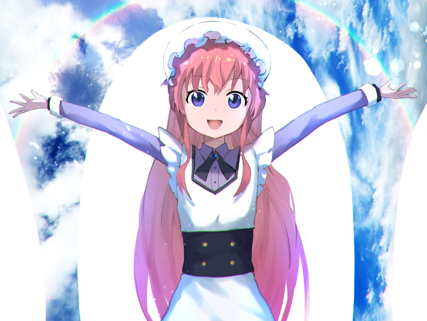 1girl :d apron blouse blue_eyes charlotte_soller child cloud dress flat_chest frilled_dress frills hidulume highres isekai_yakkyoku long_hair long_sidelocks looking_at_viewer maid maid_apron maid_headdress open_mouth outstretched_arms pink_hair purple_shirt rainbow shirt sidelocks sky smile straight-on upper_body very_long_hair