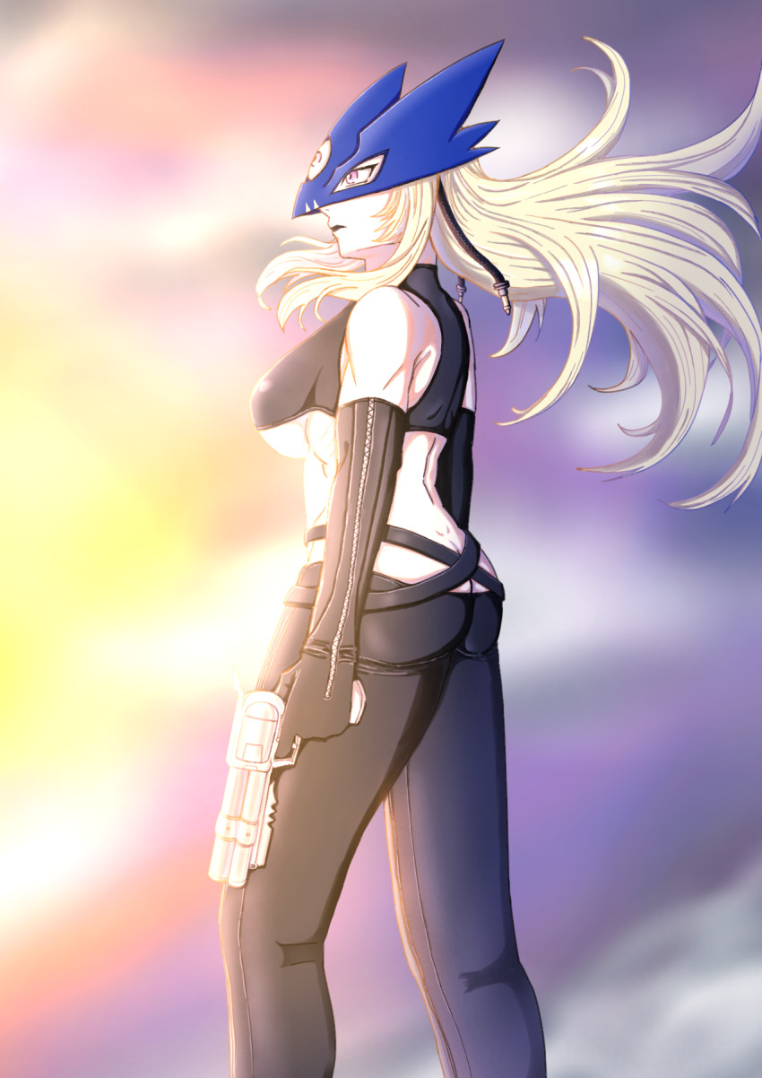 1girl ass bare_shoulders beelstarmon belt black_belt black_gloves black_lips black_mask black_pants black_vest blonde_hair breasts butt_crack closed_mouth commentary cropped_vest digimon digimon_(creature) douglas_(douglasps) elbow_gloves english_commentary eye_mask floating_hair from_side gloves gun handgun highres holding holding_gun holding_weapon large_breasts leather leather_pants long_hair mask pants pink_eyes revision sidelocks solo standing stomach third_eye tight_clothes tight_pants underboob vest weapon zipper