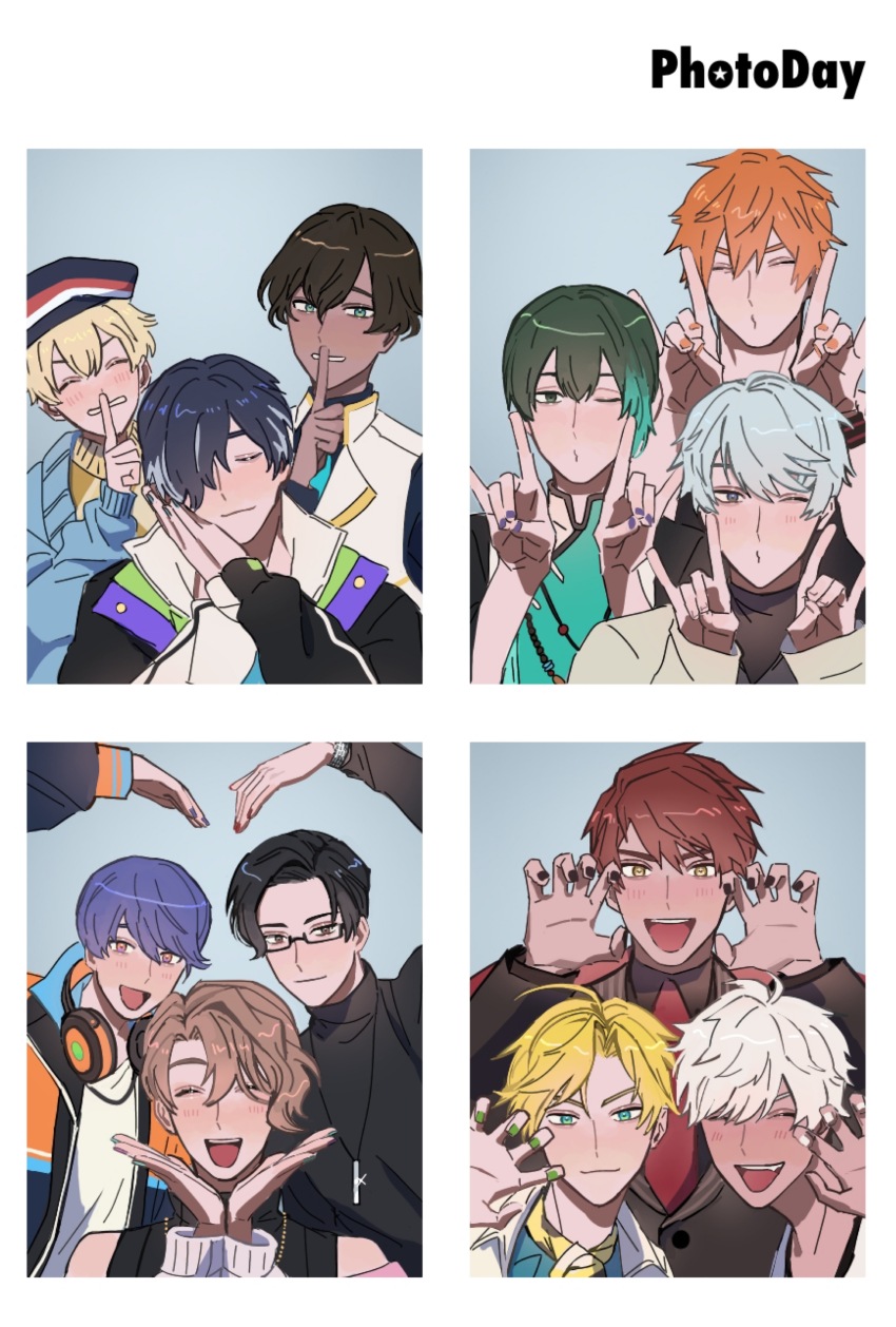 6+boys :3 :d ^_^ absurdres ahoge aqua_eyes aqua_hair asmodeus_(obey_me!) barbatos_(obey_me!) bead_necklace beads beelzebub_(obey_me!) belphegor_(obey_me!) beret black_hair black_jacket black_nails black_shirt blonde_hair blue_background blue_cardigan blue_eyes blue_hair blue_nails blue_shirt blush border brothers brown_hair cardigan claw_pose closed_eyes collared_shirt curtained_hair dark-skinned_male dark_skin diavolo_(obey_me!) double_fox_shadow_puppet english_text everyone facing_viewer fake_photograph fang finger_to_mouth fox_shadow_puppet glasses gold_trim green_eyes green_hair green_nails group_picture group_pose hair_between_eyes hair_over_one_eye hat headphones headphones_around_neck high_collar highres icchii_(07290424) index_finger_raised jacket jewelry leviathan_(obey_me!) light_blush light_smile long_sleeves looking_ahead looking_at_viewer lucifer_(obey_me!) luke_(obey_me!) male_focus mammon_(obey_me!) mandarin_collar multicolored_hair multicolored_jacket multiple_boys multiple_necklaces nail_polish necklace necktie obey_me!:_one_master_to_rule_them_all! off_shoulder official_alternate_costume one_eye_closed open_mouth orange_eyes orange_hair orange_nails palms_together parted_bangs parted_hair peanut_mouth portrait puckered_lips raised_eyebrows rectangular_eyewear red_eyes red_hair red_nails red_necktie satan_(obey_me!) shanghai_neckline shirt short_hair siblings simeon_(obey_me!) single_sidelock sleeveless sleeveless_turtleneck sleeves_past_wrists smile solomon_(obey_me!) streaked_hair sweatband sweater swept_bangs teeth turtleneck two-sided_fabric two-tone_shirt upper_body upper_teeth_only v-shaped_eyebrows vest watch wavy_hair white_border white_hair white_nails white_vest wristband wristwatch yellow_eyes yellow_sweater