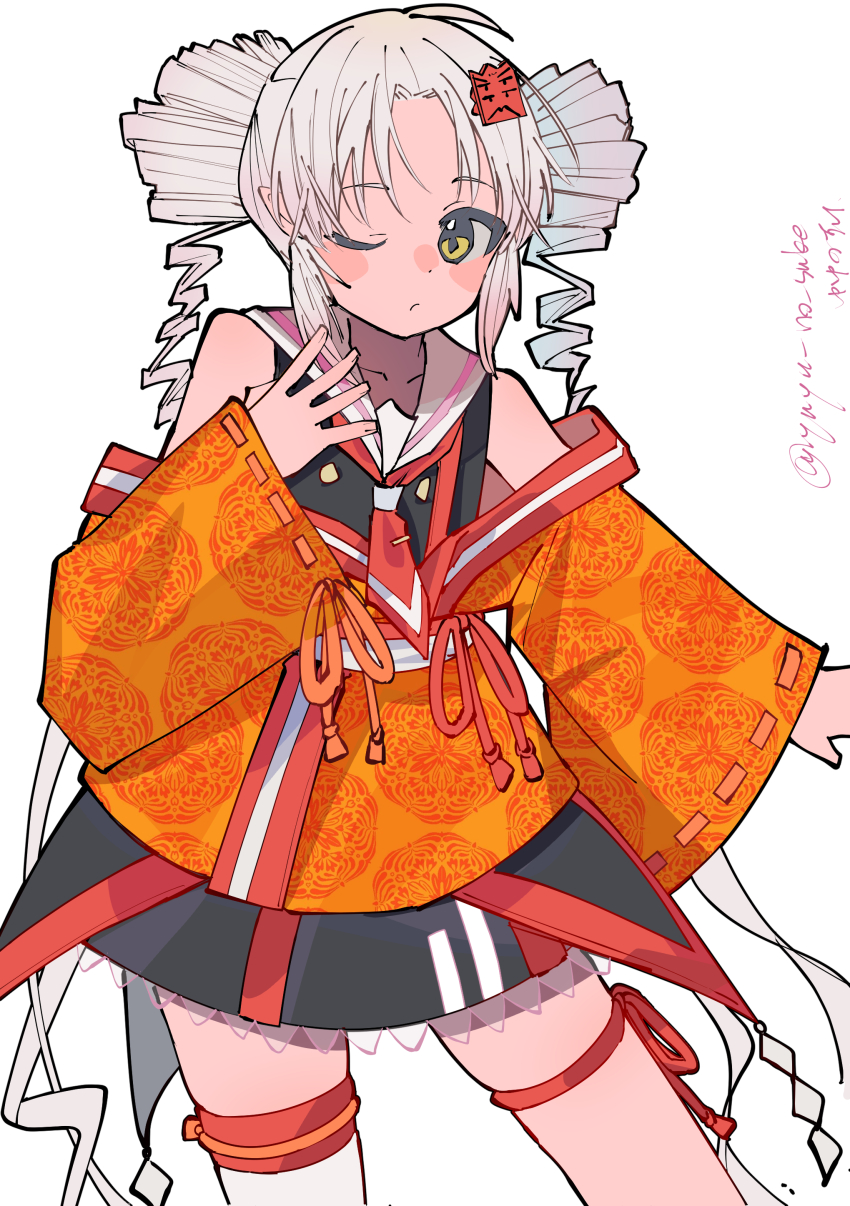 1girl absurdres bare_shoulders black_shirt black_skirt closed_mouth cowboy_shot drill_hair grey_hair hair_ornament hand_up highres japanese_clothes kimono long_hair long_sleeves looking_to_the_side miniskirt neckerchief off_shoulder one_eye_closed onikko_hunter_tsuina-chan orange_kimono red_neckerchief ribbon-trimmed_sleeves ribbon_trim sailor_collar shirt short_kimono simple_background skirt sleeveless sleeveless_shirt sleeves_past_wrists solo standing thigh_strap tsuina-chan twin_drills voiceroid white_background white_sailor_collar wide_sleeves yellow_eyes yuyu_no_suke