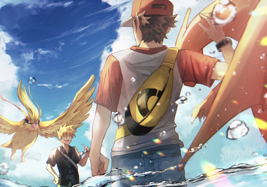 2boys bird black_shirt blonde_hair blue_oak brown_hair charizard clenched_hand cloud commentary day gen_1_pokemon green_pants hand_on_own_hip hat highres holding holding_removed_eyewear male_focus multiple_boys nintendo outdoors pants pidgeot pokemon pokemon_(creature) pokemon_sm red_(pokemon) red_hat shirt shiruko_(s1ruko) short_hair short_sleeves sky spiked_hair sunglasses symbol-only_commentary t-shirt unworn_eyewear water_drop yellow_bag