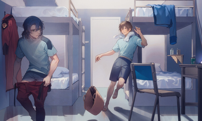 athrun_zala bai_rui basket bed blue_hair boxers bunk_bed chair desk dressing green_eyes gundam gundam_seed gundam_seed_destiny highres jacket kira_yamato ladder male_underwear military military_uniform pants red_uniform shirt tripping undershirt underwear zaft_uniform