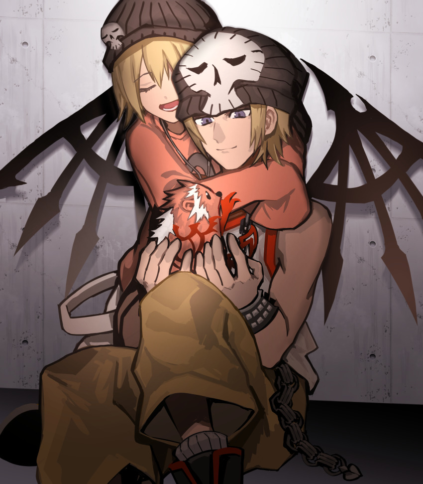 1boy 1girl against_wall baggy_pants beanie bito_daisukenojo bito_raimu blonde_hair blue_eyes brother_and_sister chain chain_necklace closed_eyes detached_wings green_pants hat highres hug hug_from_behind jewelry keiseki1 long_sleeves necklace noise_(twewy) open_mouth orange_sweater pants short_hair siblings sitting skull_print sleeves_past_fingers sleeves_past_wrists smile subarashiki_kono_sekai sweater tank_top wings