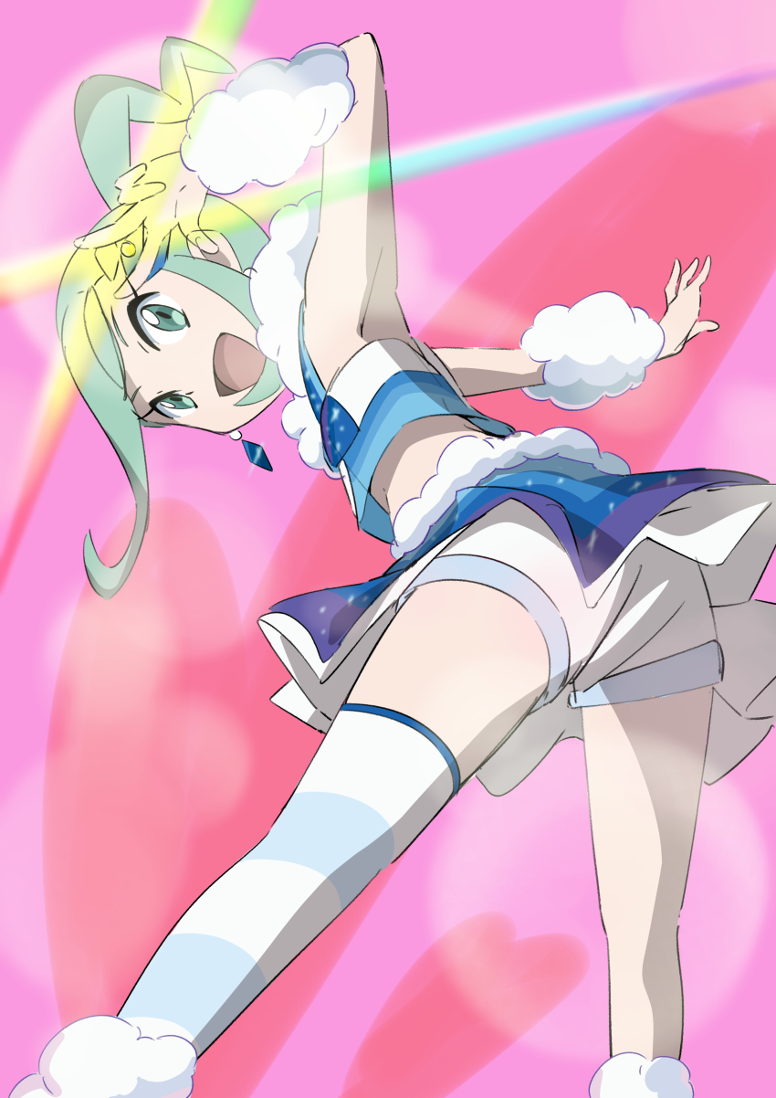 1girl :d absurdres arm_warmers commentary_request earrings from_below green_eyes green_hair heart highres jewelry lisia_(pokemon) looking_at_viewer nintendo open_mouth overskirt pokemon pokemon_oras shorts shorts_under_skirt sidelocks single_thighhigh smile solo striped thighhighs tongue w yusuke_oshida