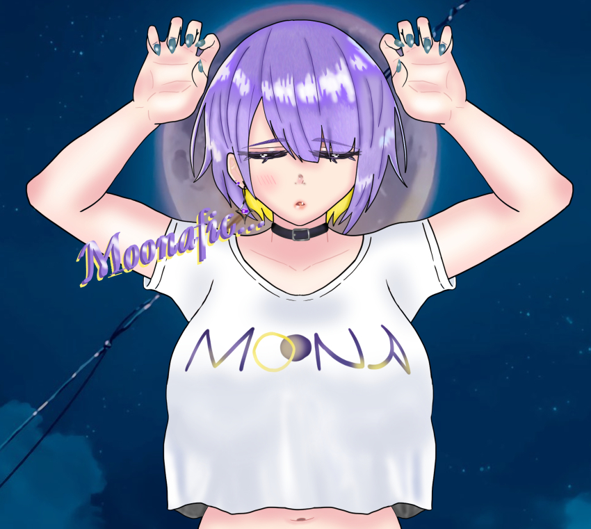 1girl alternate_breast_size alternate_hair_length alternate_hairstyle arms_up beckoning black_choker blush breasts choker claws closed_eyes crop_top cropped_shirt earrings eddarxart eyebrows eyes_visible_through_hair fang fanservice highres hololive hololive_indonesia jewelry kissy_face large_breasts midriff_peek moon moona_hoshinova multicolored_hair nail_polish navel nose oversized_clothes parted_bangs parted_lips purple_hair shirt short_hair solo solo_focus straight-on streamer streamers text_focus two-tone_hair virtual_youtuber waiting waiting_for_kiss white_shirt