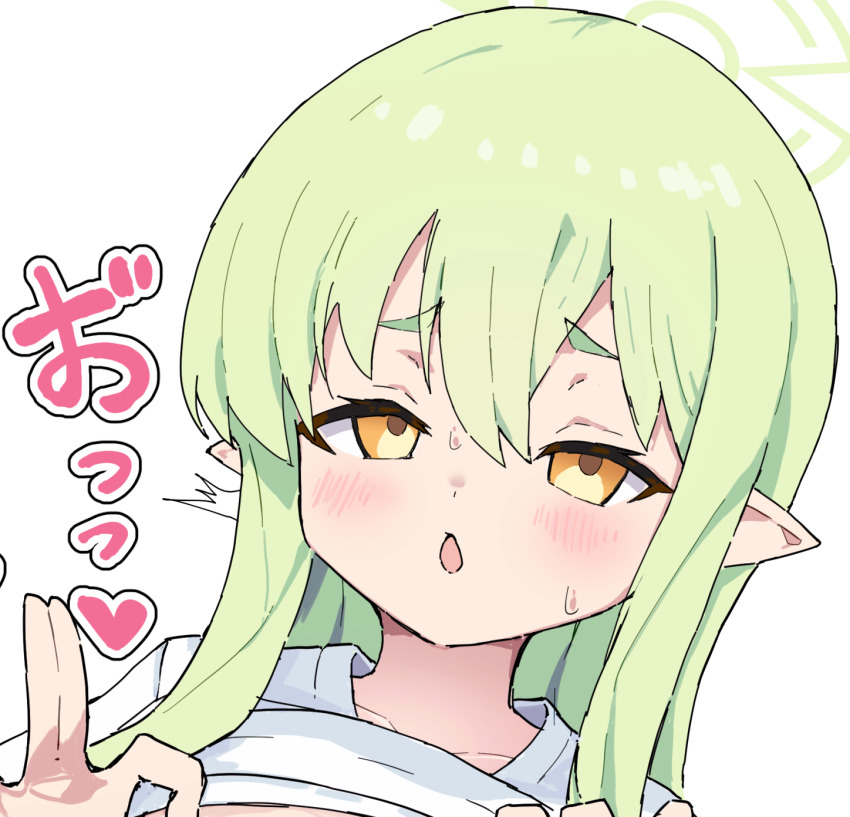 1girl blue_archive clothes_lift collarbone commentary_request cropped green_hair green_halo halo highres hikari_(blue_archive) long_hair open_mouth orange_eyes paid_reward_available pointy_ears rolling_eyes shirt_lift simple_background solo v-shaped_eyebrows white_background yucblossom