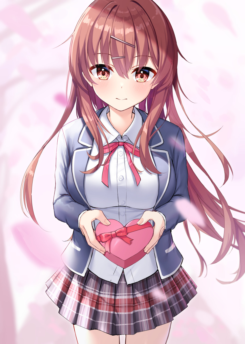1girl absurdres ayase_aisa breasts brown_eyes brown_hair cherry_blossoms hair_ornament highres jacket large_breasts long_hair looking_at_viewer ncontrail_(mgax7527) open_clothes plaid_clothes plaid_skirt ribbon shirt skirt solo sousaku_kanojo_no_renai_koushiki standing striped_clothes striped_shirt thighs valentine