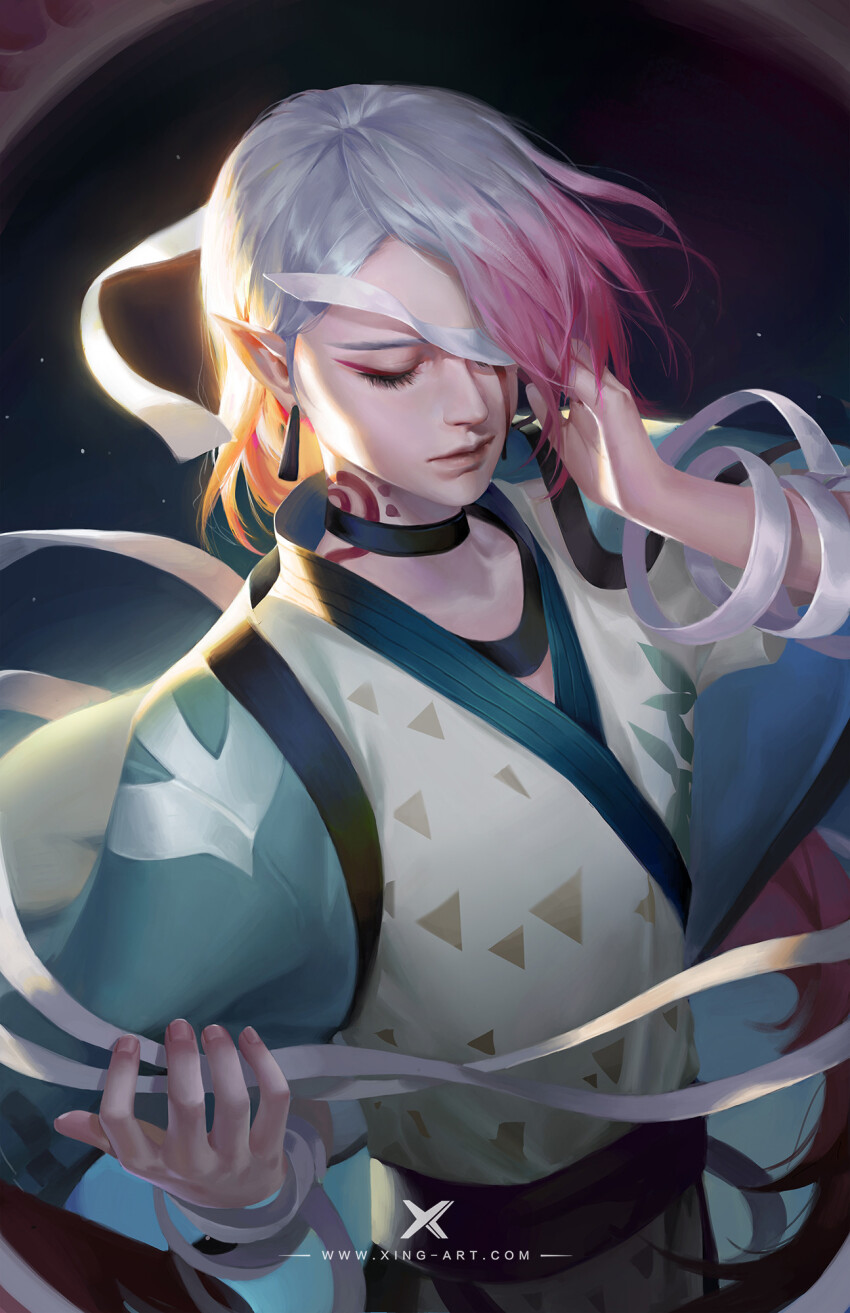 1boy artist_name asymmetrical_bangs bandaged_arm bandaged_head bandages black_choker blue_background character_request chinese_clothes chinese_commentary choker closed_eyes closed_mouth commentary_request copyright_request cowboy_shot earrings expressionless eyelashes eyeliner gradient_hair green_hanfu green_jacket hand_in_own_hair hanfu highres jacket jewelry light_particles lips long_hair makeup male_focus multicolored_hair neck_tattoo pink_eyeliner pink_hair pointy_ears solo starlab tassel tassel_earrings tattoo triangle_print very_long_hair watermark white_hair