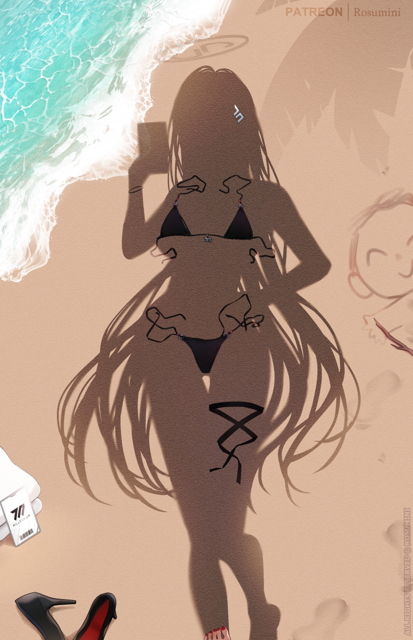 1girl absurdres alternate_costume beach bikini black_bikini black_shoes blue_archive cellphone dressed_shadow_(meme) hand_on_own_hip high_heels highres holding holding_phone id_card meme nail_polish ocean phone red_nails rio_(blue_archive) rosumini sand shoes smartphone solo swimsuit thigh_strap toenail_polish toenails toes unworn_bikini unworn_shoes