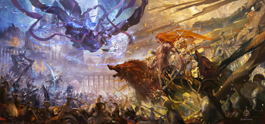 1boy 1girl 6+others absurdres amber_(gemstone) armor army battle black_sarong blue_robe blue_surcoat braid conical_hat dress elden_ring floating full_armor gem glowing_gem gold_aura hammer hat highres holding holding_hammer holding_scepter jeweled_hat knight large_hat long_hair magic magic_circle multiple_others ornate_clothes pointy_hat radagon_of_the_golden_order red_hair red_wolf_of_radagon rennala_queen_of_the_full_moon robe sarong scepter silver_scepter single_braid stole stu_dts tall_hat topless_male war wolf