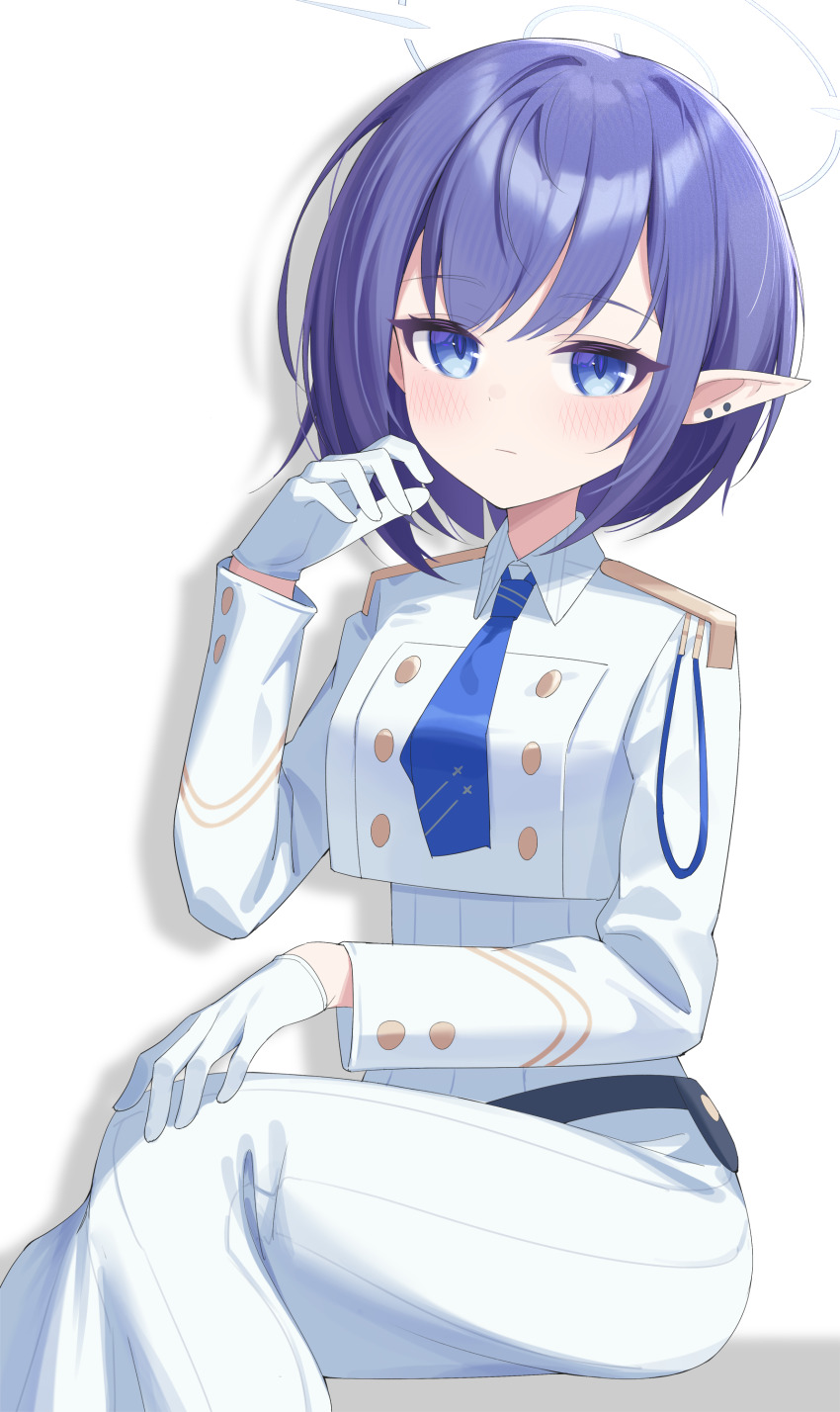 1girl absurdres aoi_(blue_archive) blue_archive blue_eyes blue_necktie closed_mouth commentary cropped_jacket dress gloves highres jacket jei_(user_tckk7448) long_sleeves looking_at_viewer necktie pointy_ears purple_hair shadow short_hair simple_background sitting solo white_background white_dress white_gloves white_jacket