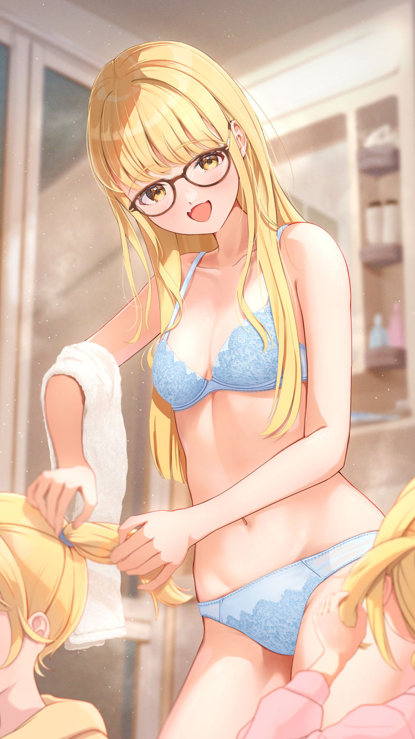 3girls absurdres alternate_hairstyle blonde_hair blue_bra blue_panties blurry blurry_background bra breasts cleavage commentary_request cowboy_shot fang fujinomiya_rio fujita_kotone gakuen_idolmaster glasses hair_down highres holding_another&#039;s_hair idolmaster indoors long_hair looking_at_viewer multiple_girls navel open_mouth panties skin_fang small_breasts solo_focus towel towel_on_arm tying_another&#039;s_hair underwater underwear yellow_eyes