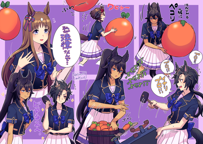 4girls ahoge air_shakur_(umamusume) animal_ears arm_up back_bow black_hair blue_bow blue_eyes blue_shirt bow brown_hair carrot clenched_hands closed_mouth commentary_request dark-skinned_female dark_skin ear_ornament earrings eyebrow_piercing grass_wonder_(umamusume) hair_between_eyes hi_(ibisf5umauma) highres holding holding_carrot horse_ears horse_girl horse_tail jewelry kitasan_black_(umamusume) long_hair looking_at_viewer multicolored_hair multiple_girls multiple_views open_mouth parted_lips piercing podium red_eyes shirt short_sleeves single_earring smile speech_bubble streaked_hair symboli_kris_s_(umamusume) tail translation_request umamusume very_long_hair white_hair yellow_eyes
