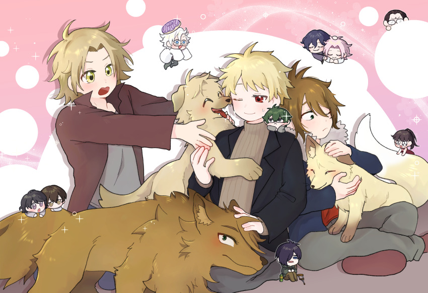 2girls 6+boys ;) ^_^ absurdres aiba_ibuki animalization atou_haruki black_hair black_jacket blonde_hair blue_eyes blue_hair blue_jacket brown_hair brown_jacket brown_pants brown_sweater chibi chihare_(chihare_780) closed_eyes closed_mouth commentary_request crutch curtained_hair dark_blue_hair dog donut dress food fox fur-trimmed_jacket fur_trim glasses green_eyes green_hair green_jacket grey_pants grey_shirt hair_over_one_eye hand_on_another&#039;s_head hatsutori_hajime highres isoi_reiji jabuchi_you jacket kanou_aogu kumazaki_karen kurachi_terumi long_sleeves mini_person miniboy minigirl multiple_boys multiple_girls one_eye_closed open_clothes open_jacket open_mouth otowa_rui_(saibou_shinkyoku) pants parted_bangs pink_hair ponytail purple_eyes purple_jacket red_dress red_shirt red_shoes ribbed_sweater saibou_shinkyoku semi-rimless_eyewear shinano_eiji shirt shoes sitting sleeveless sleeveless_dress smile sweat sweater turtleneck turtleneck_sweater utsugi_noriyuki white_hair white_shirt yanagi_nina yellow_eyes