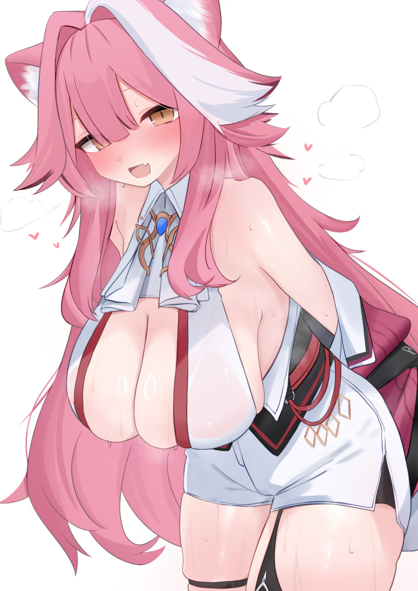 1girl absurdres animal_ears ascot bare_shoulders blush breasts cleavage hair_intakes highres hololive hololive_english huge_breasts large_breasts long_hair looking_at_viewer multicolored_hair open_mouth oyashiro_ooo panther_ears panther_girl pink_hair raora_panthera raora_panthera_(1st_costume) shorts simple_background smile solo streaked_hair thighs two-tone_hair virtual_youtuber white_ascot white_background white_hair white_shorts yellow_eyes