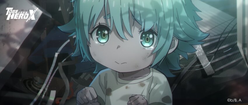 aged_down anime_screenshot blue_hair child chinese_commentary clenched_hand commentary_request copyright_logo crash crying crying_with_eyes_open dappled_sunlight debris green_eyes hands_up highres logo looking_at_viewer lucky_cyan_(to_be_hero_x) messy_hair official_art scenery shirt short_hair sidelocks sparkling_eyes stained_clothes sunlight tears to_be_hero to_be_hero_x upper_body white_shirt